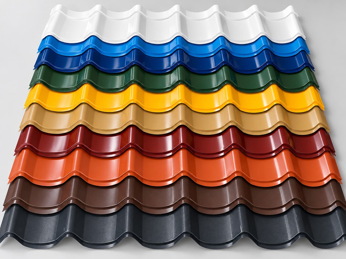 Láminas de aluzinc tipo teja en varios colores: blanco, azul, verde, amarillo, madera, rojo, terracota, marrón y negro