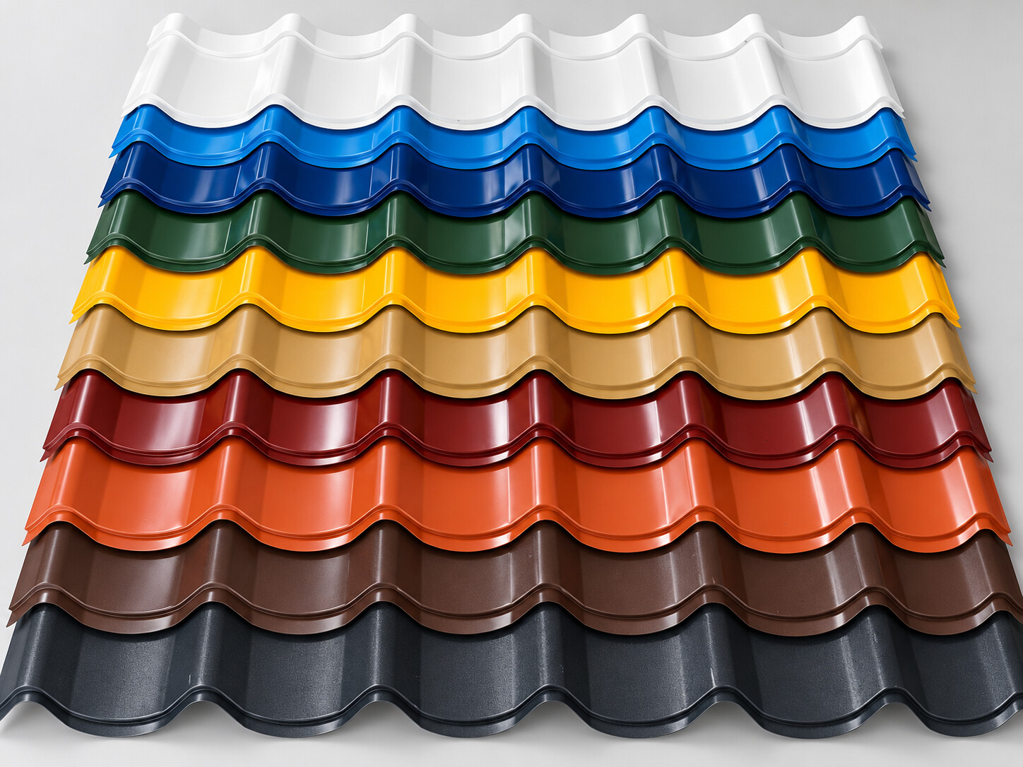 Tile-profile aluzinc sheets in several colors: white, blue, green, yellow, wood, red, terracotta, brown and black